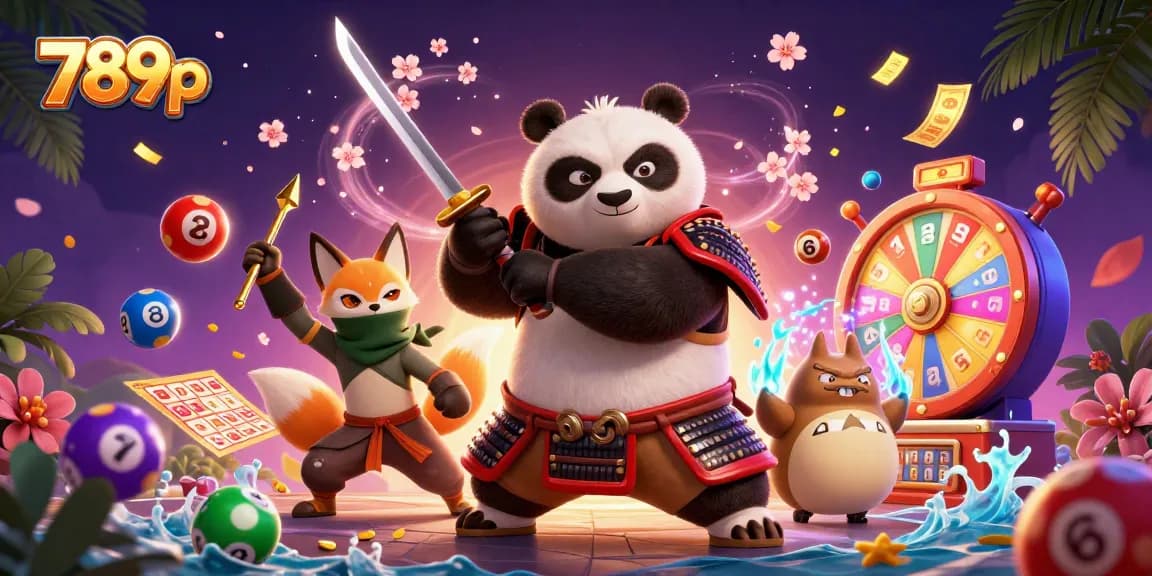 Engage with 789p's vibrant casino experience featuring a dynamic scene of samurai panda and ninja fox amidst lottery elements.