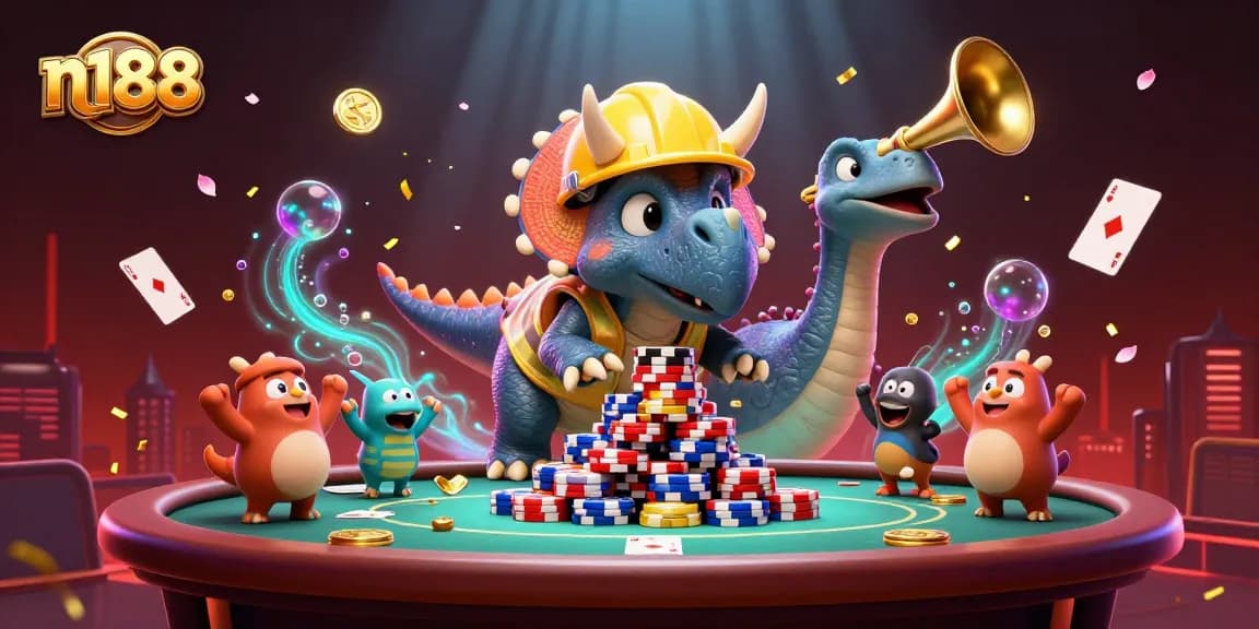 Experience the excitement of n188 with a triceratops building a poker chip pyramid and joyful companions in a vibrant scene.