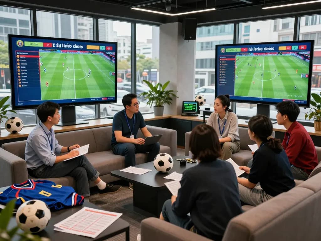 Enthusiastic analysts discussing tỷ lệ kèo bóng đá in a vibrant sports betting lounge.