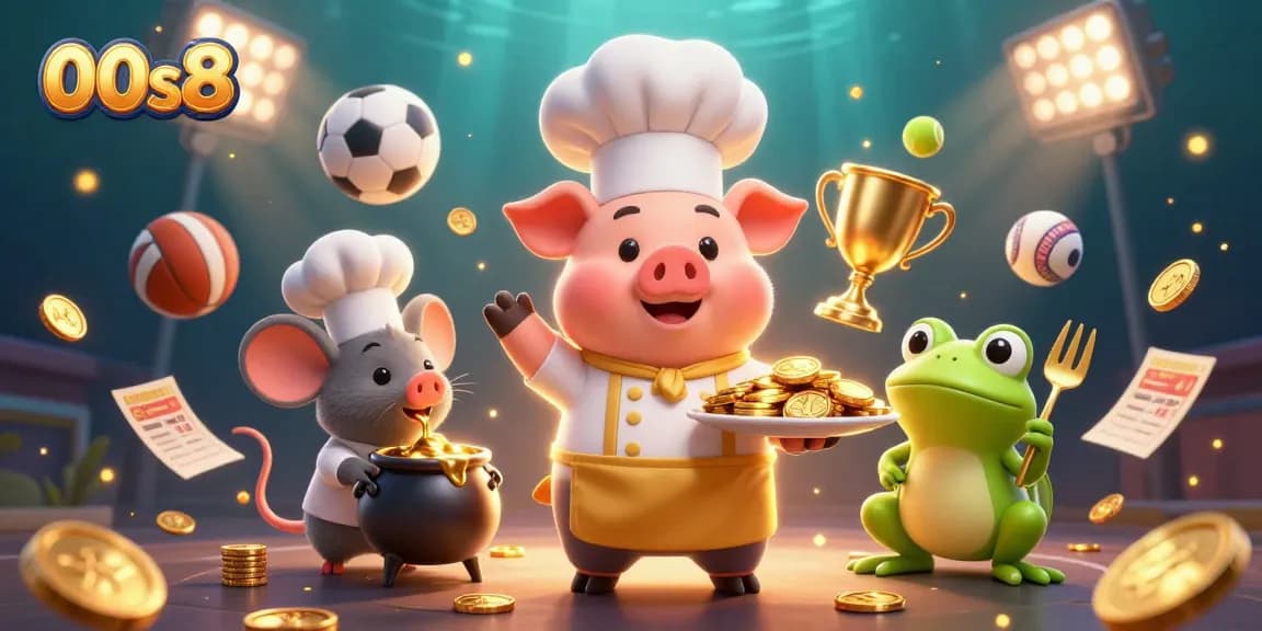 Experience thrilling gaming with 00s8 through a vibrant chef scene and gold coins flying around.