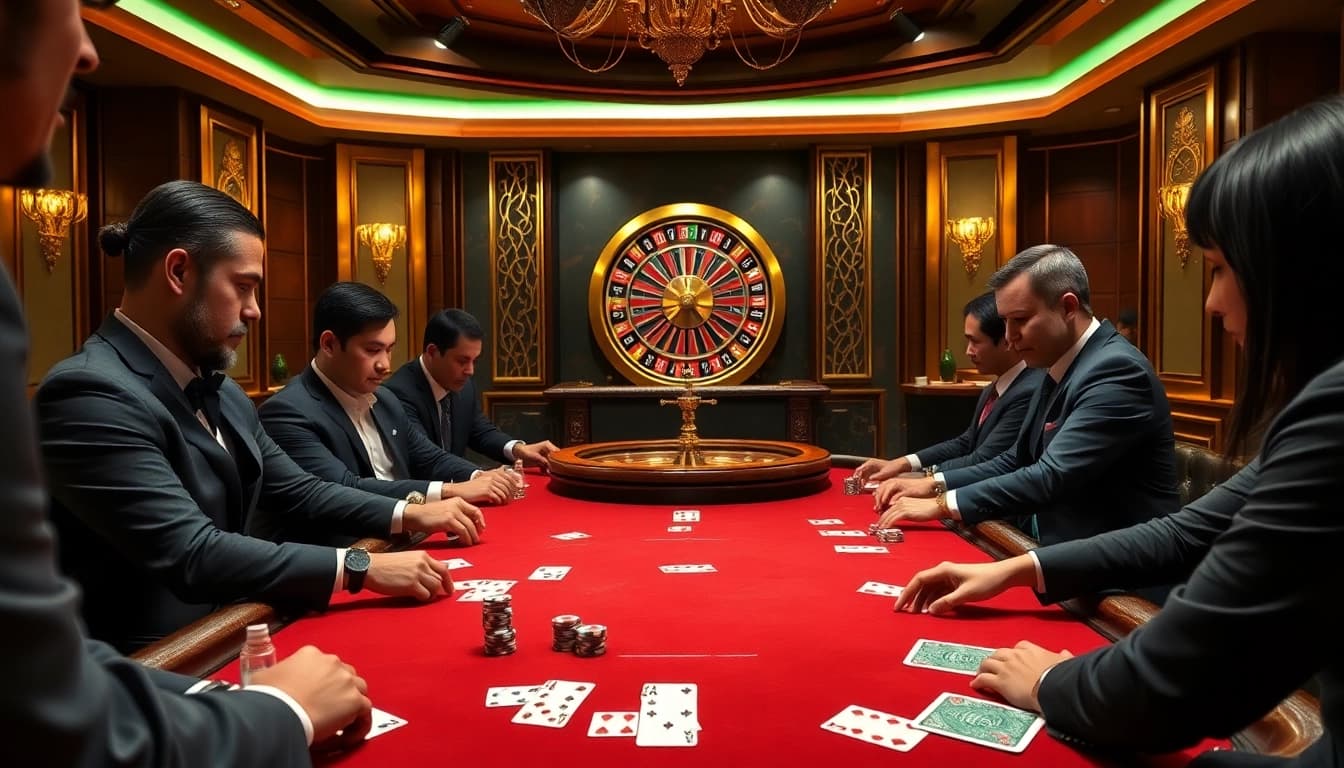 Players strategizing at a poker table in a glamorous casino setting at https://da88st.com/.