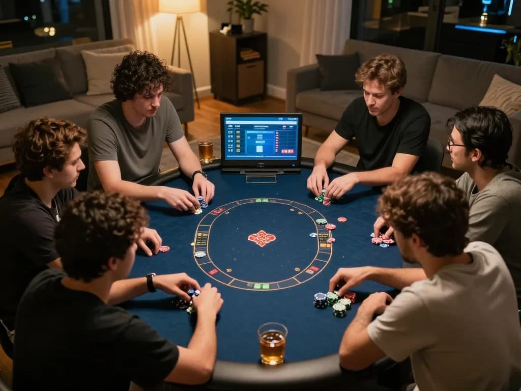 Players engage in a strategic online poker game with Uk88 interface, showcasing a lively home atmosphere.