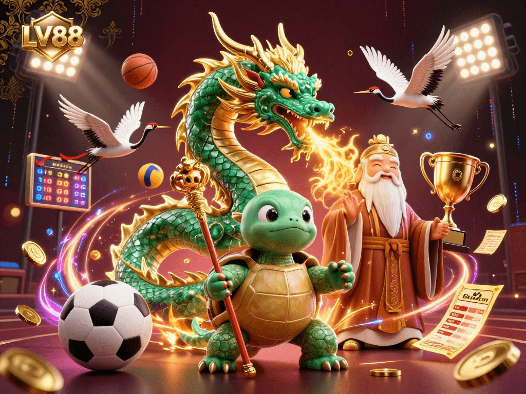 LV88 captures the thrill of gambling with dynamic dragon, turtle sage, and lucky cranes illustration.