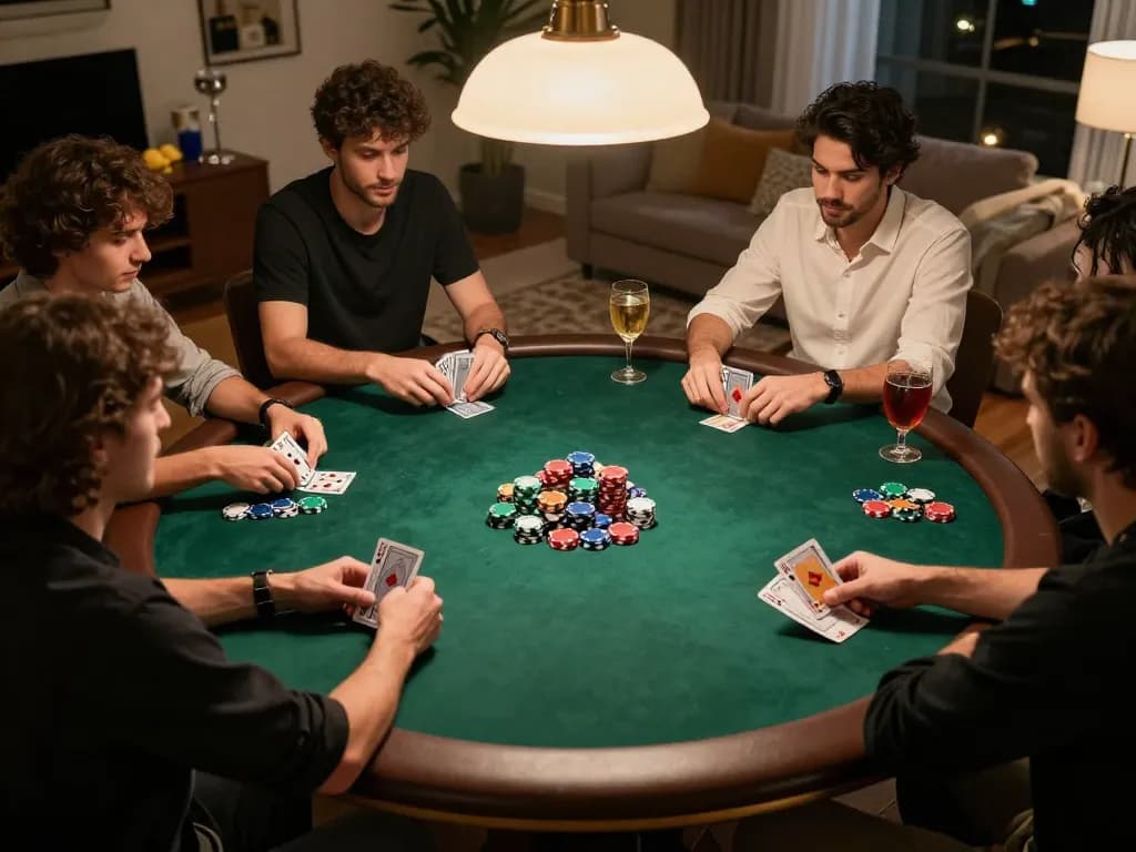 Players enjoying a competitive home poker night while managing their DA88 bankroll and strategy