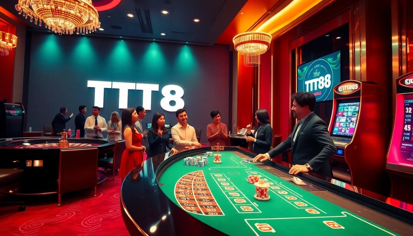 TT88 casino scene with vibrant roulette table and professional dealer engaging players.