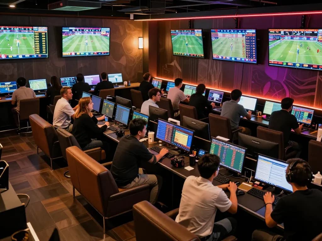 Excited patrons analyzing bets on keonhacai5 in a lively sports betting lounge.