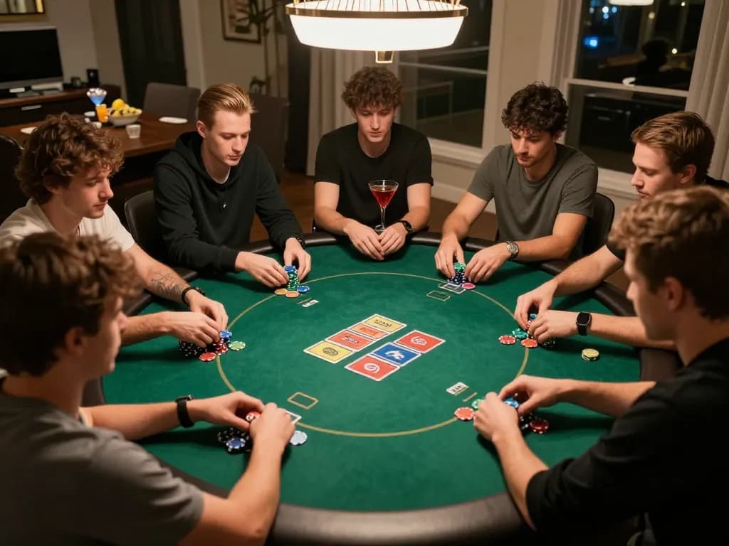 Players enjoying a thrilling Kwin poker game at home, with chips and cards laid out for strategic betting.