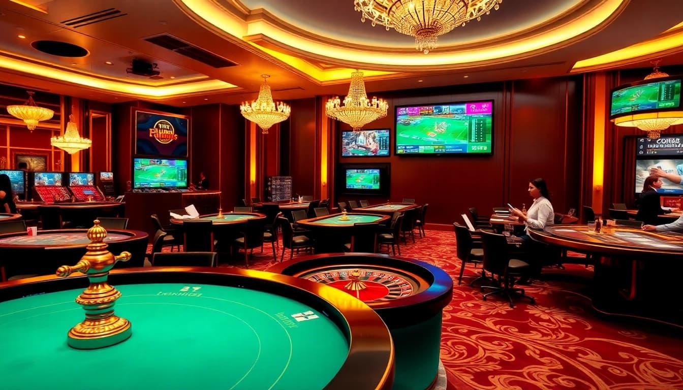 Experience thrilling gameplay at https://c168.works/ in a luxurious casino ambiance with engaged players and digital betting interfaces.