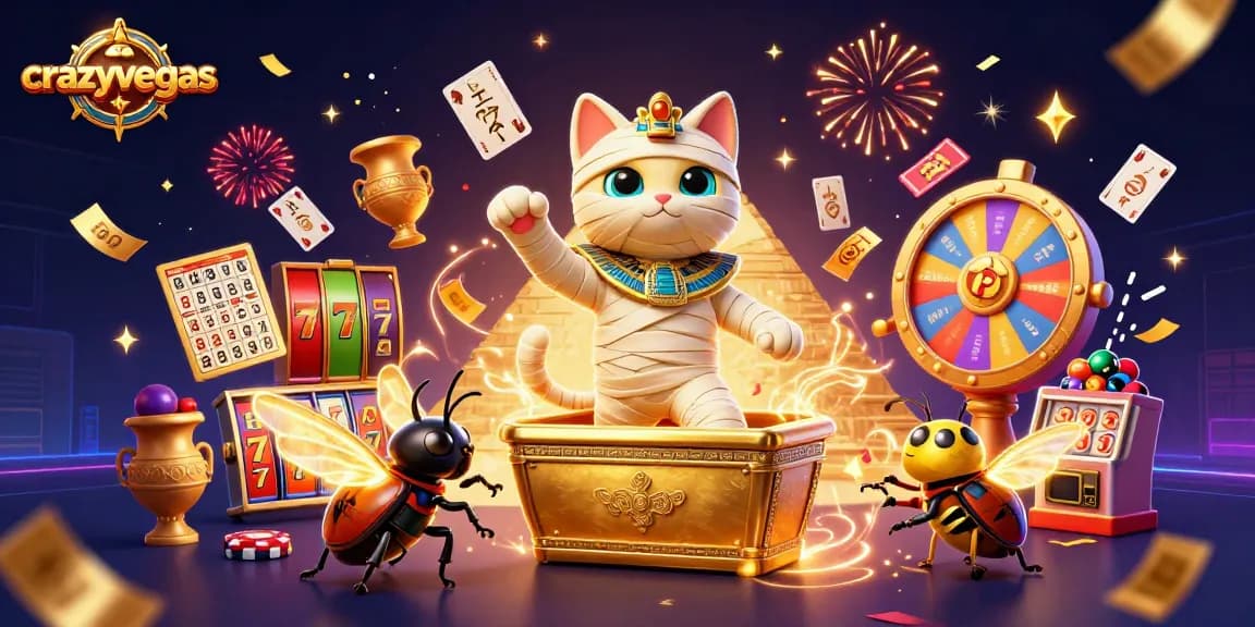 Crazyvegas offers an exciting scene with a cartoon Egyptian mummy and slot reels in a vibrant casino.