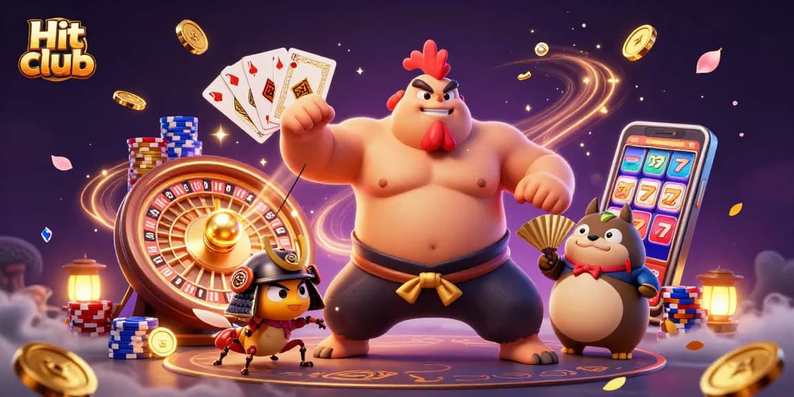 Experience thrilling gaming action at Hit club with a vibrant casino scene featuring 3D characters and sparkling elements.