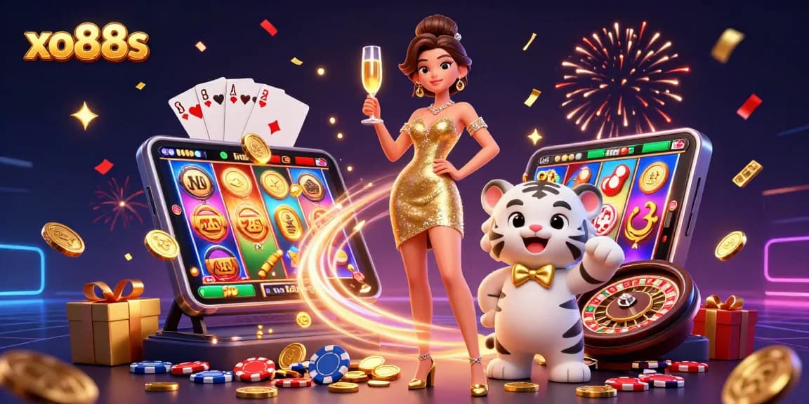 Engage with the thrilling world of xo88s while celebrating wins with a glamorous scene featuring luck and excitement.