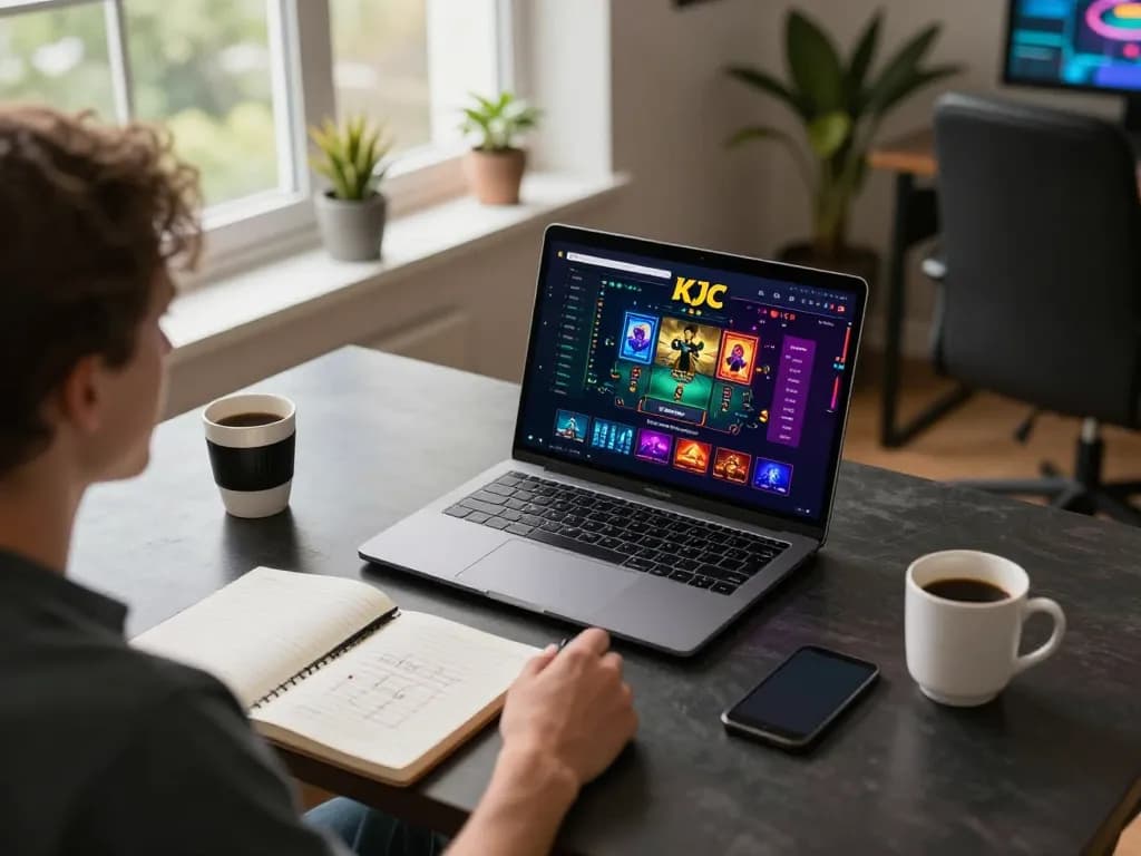 KJC online gaming setup showcases engaging gameplay with strategy notes and cozy ambiance