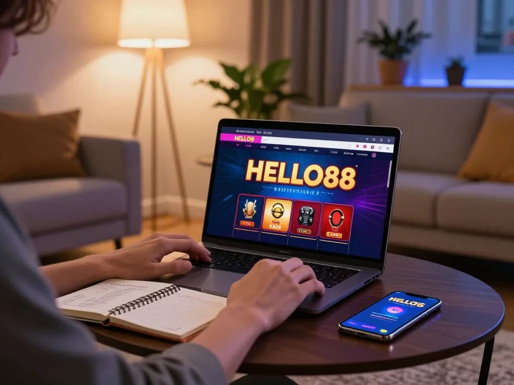 Player engaging with HELLO88 casino app on laptop in cozy home setup, showcasing online gambling atmosphere.