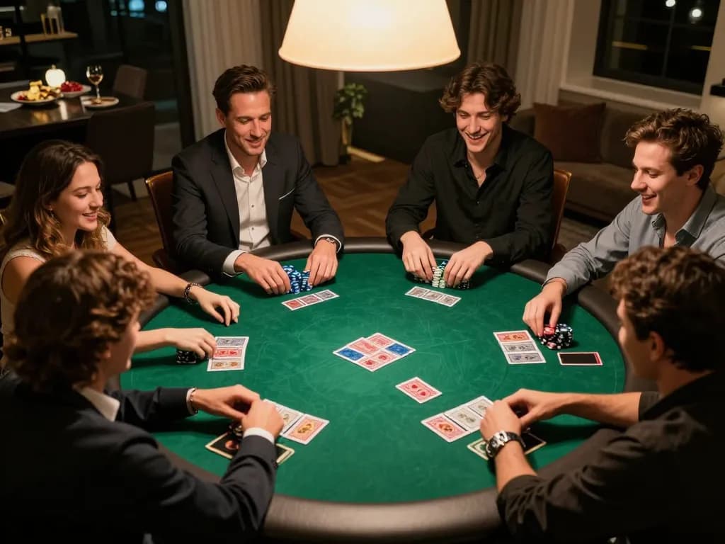 Friends enjoy poker night at home using O8 for an engaging gaming experience