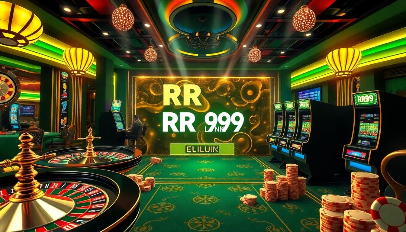 Experience the thrill of gambling with RR99 LINK, featuring colorful roulette wheels and vibrant slot machines.
