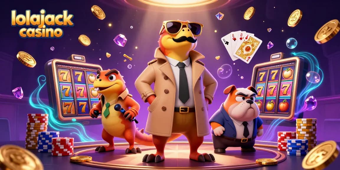 Experience thrilling gaming at lolajack casino with raptors and a bulldog in a vibrant casino scene.
