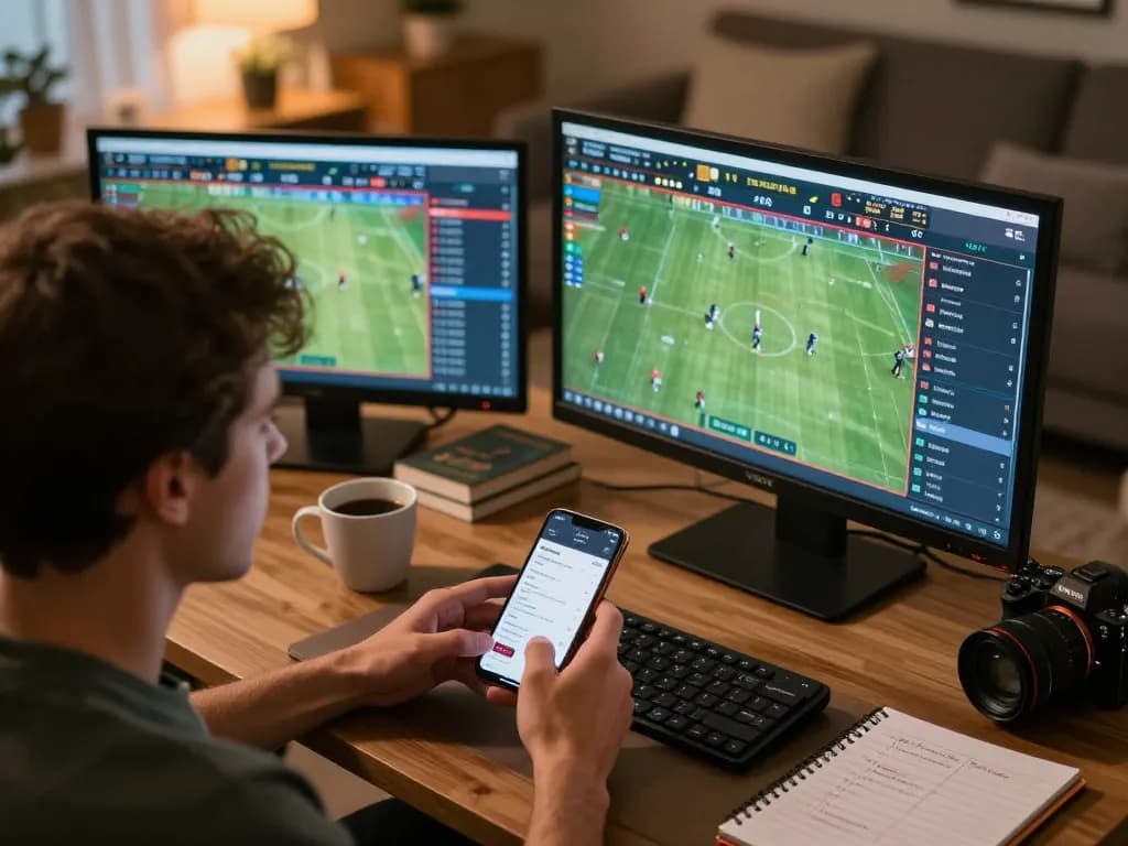 Engaging in online sports betting on Jun88 during live matches at home, showcasing real-time strategies and excitement.