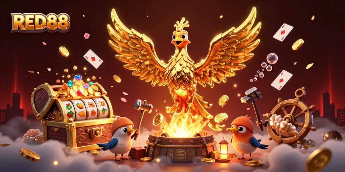 Engage with RED88 in a vibrant casino setting featuring molten phoenix, spinning slot reels, and treasures.