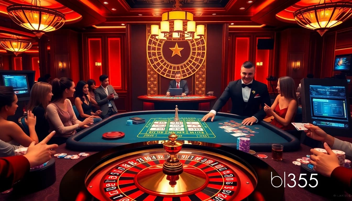 Engaged players savoring thrilling moments at Bl555's luxury casino roulette and poker tables.