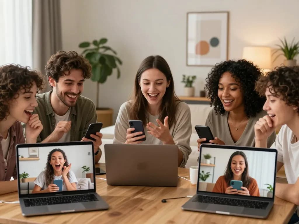 Engaging group in an exciting sex chat on various devices in a cozy setting.