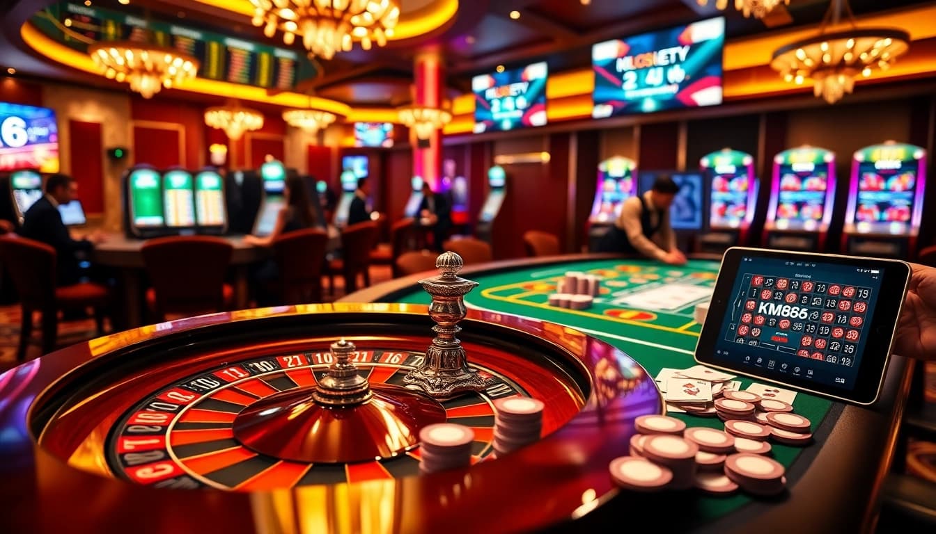 Experience the excitement of online gambling at https://km88link.com/ with vibrant casino scenes showcasing roulette and poker.
