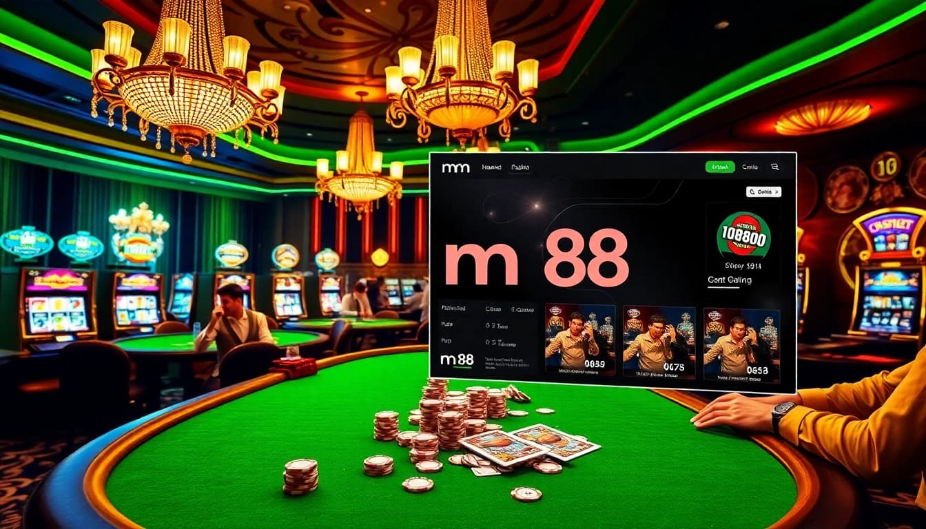 Experience the thrill of gambling with mm 88's vibrant casino scene featuring elegant tables and excited players.