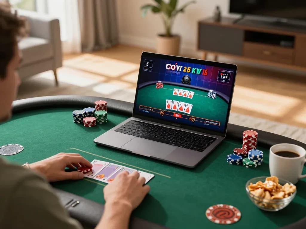 max88 player strategizing online poker with a laptop in a cozy home setting