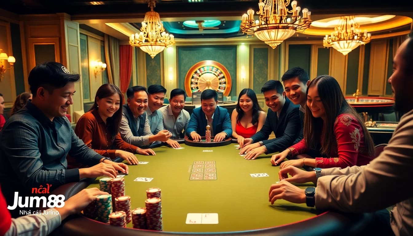 Exciting poker game at Nhà cái Jun88, featuring vibrant chips and engaged players.
