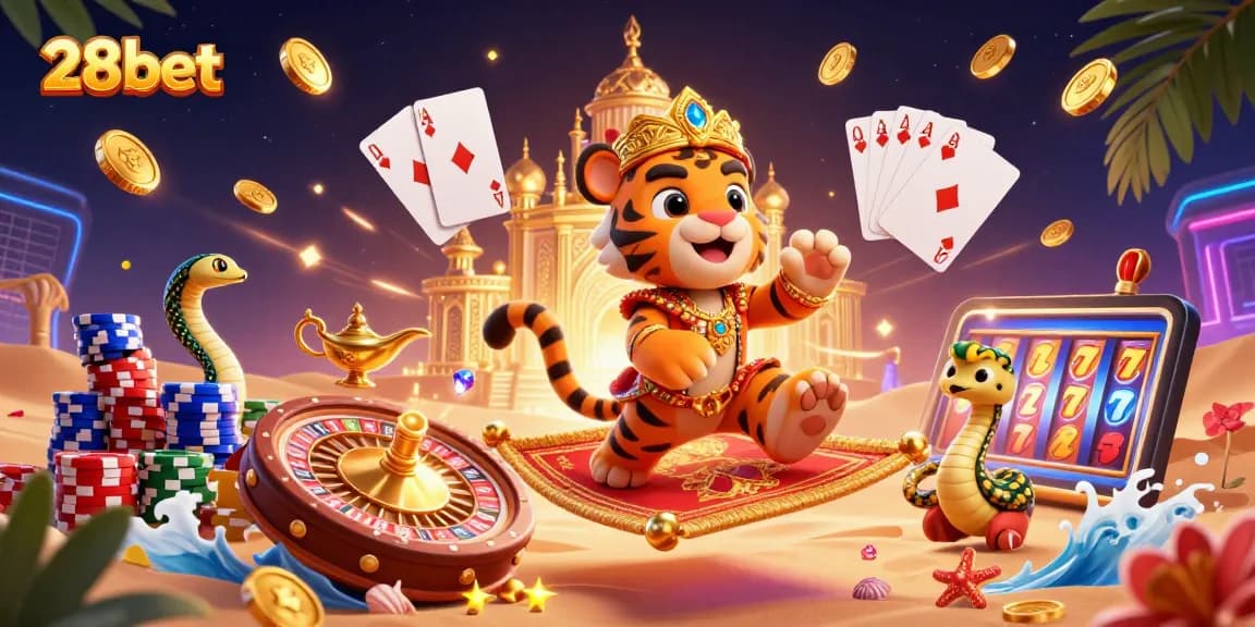 Experience the magic of 28bet with a royal flush and vibrant casino elements in a thrilling 3D scene.