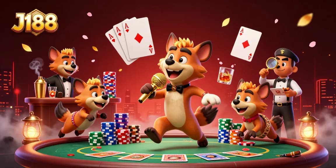 Join the J188 comedy casino action with hyenas serving drinks, telling jokes, and creating a vibrant ambiance.
