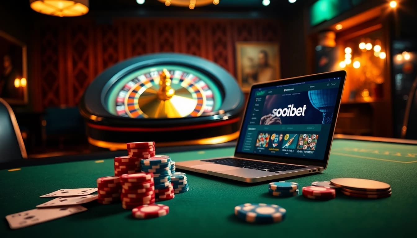 Engaging players with เว็บ soibet on a sophisticated casino table featuring poker chips and a roulette wheel.