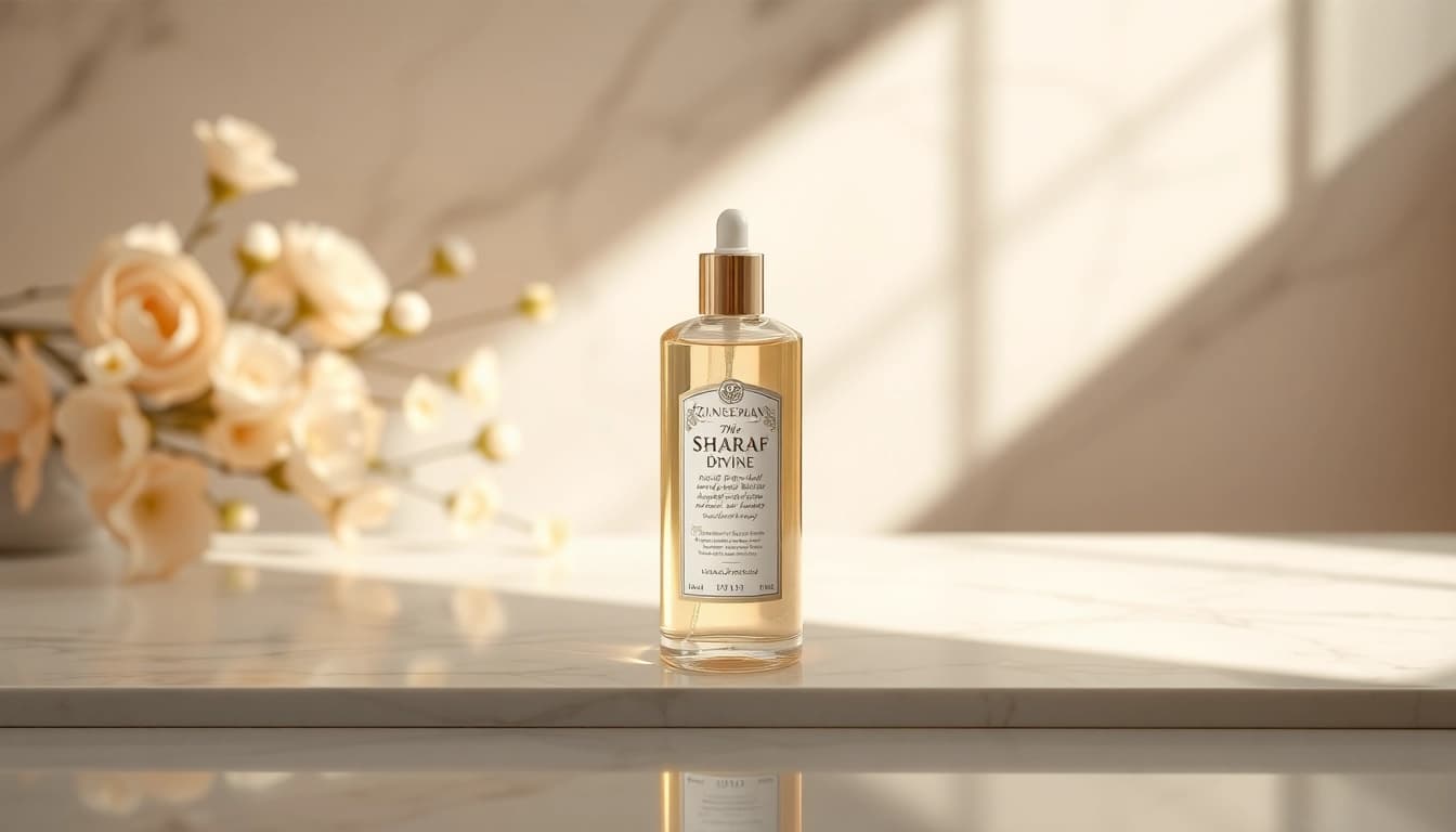 Showcase the Sharaf Divine by Zimaya bottle against a refined backdrop, highlighting luxury and elegance.
