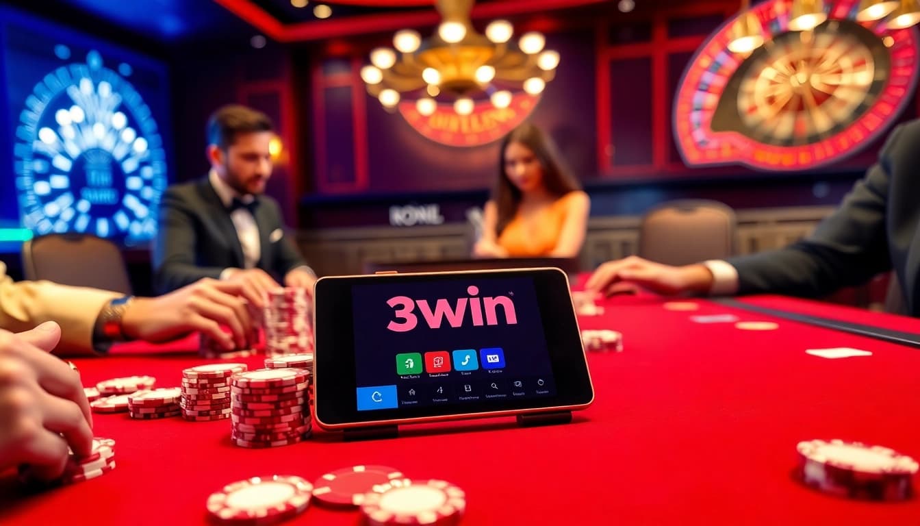 Engage with the thrilling 3win app while playing poker in a luxurious casino setting.