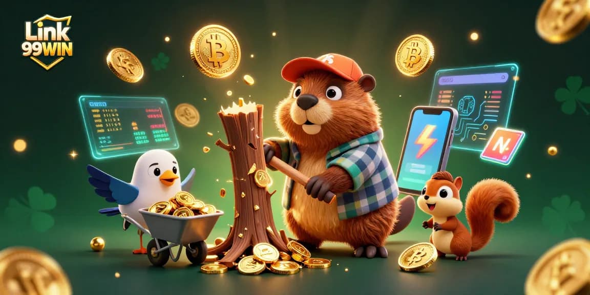 Unleash your winnings with Link 99WIN as the lucky beaver collects golden coins in a vibrant casino world.
