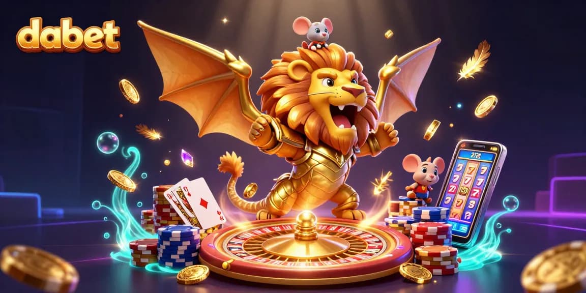 Dabet showcases thrilling gameplay with golden coins, colorful chips, and an impressive chimera creature.