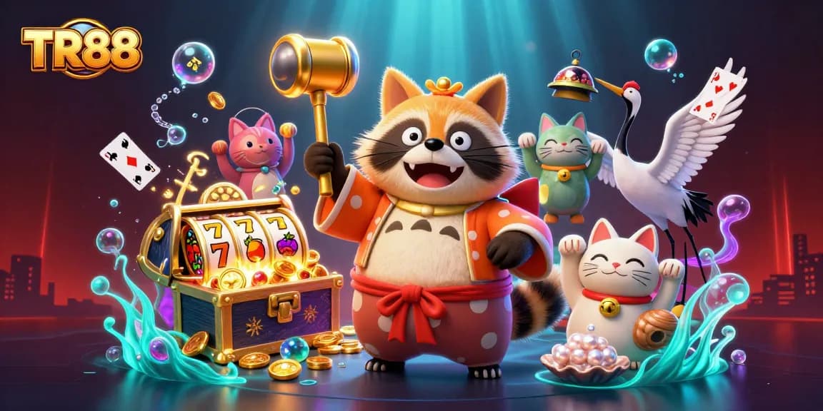 Engage with TR88 slot game opportunities, featuring an elaborate scene with vibrant characters and dynamic gaming elements.