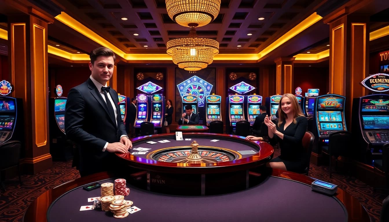 Experience the captivating thrill of gambling at 78win Com with elegantly dressed players and vibrant casino tables.