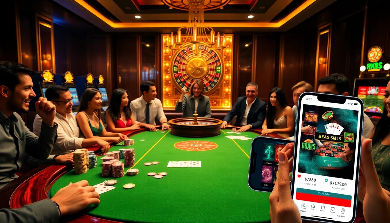 Players engaging at a poker table with RR88 promotions, showcasing a vibrant casino atmosphere