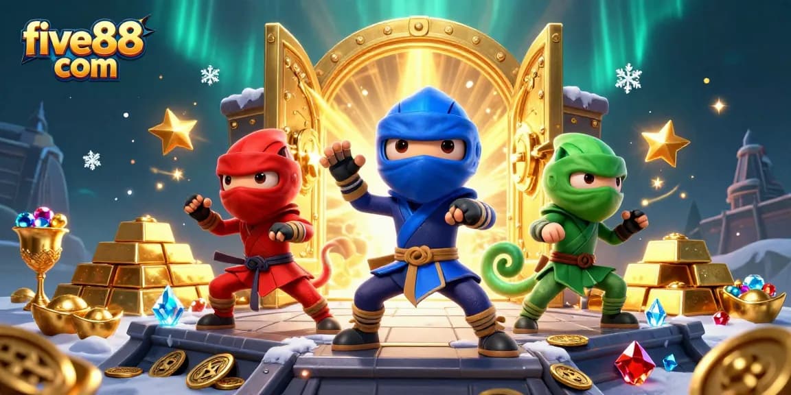 Experience excitement at five88 com with 3D chameleon ninjas amidst treasures and casino symbols.