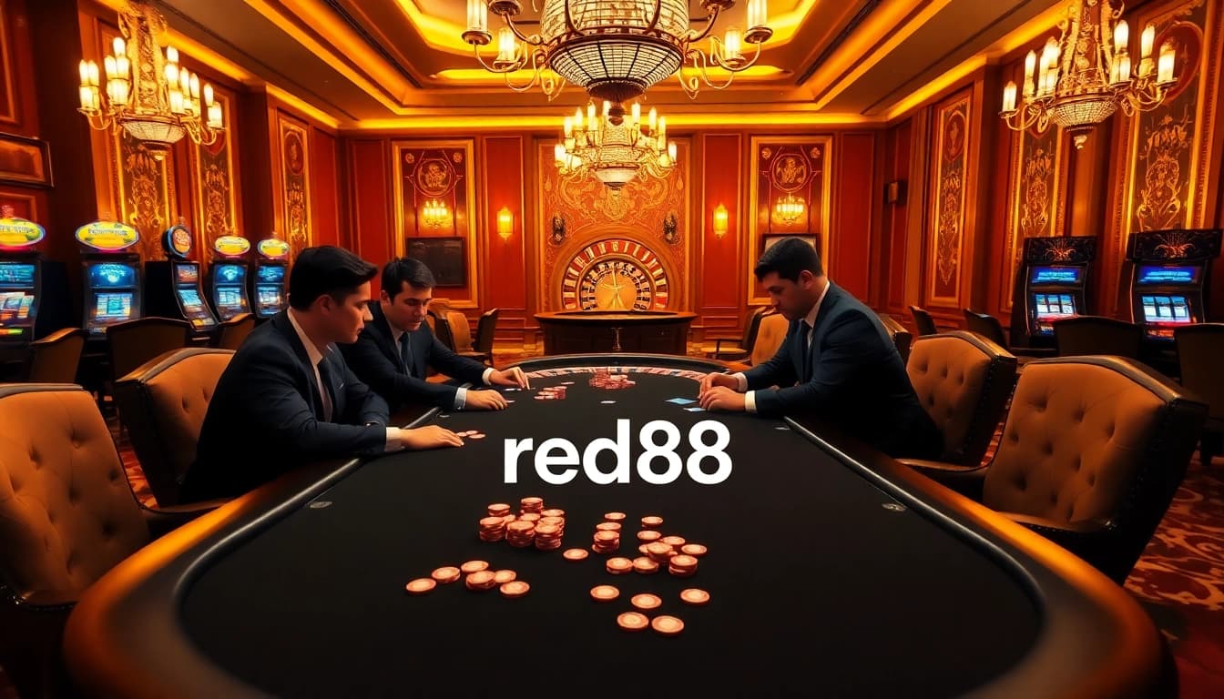 Players strategizing at a poker table in a red88 casino, showcasing excitement and luxury.
