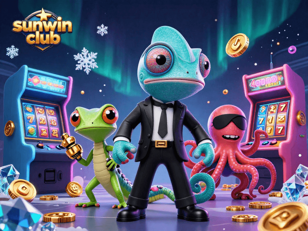 Engage with the sunwin club in this vibrant 3D casino scene featuring colorful slot machines and characters.