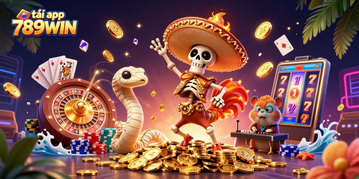 Experience fun and excitement in the 789WIN app with this colorful casino scene featuring dynamic characters and rich decorations.