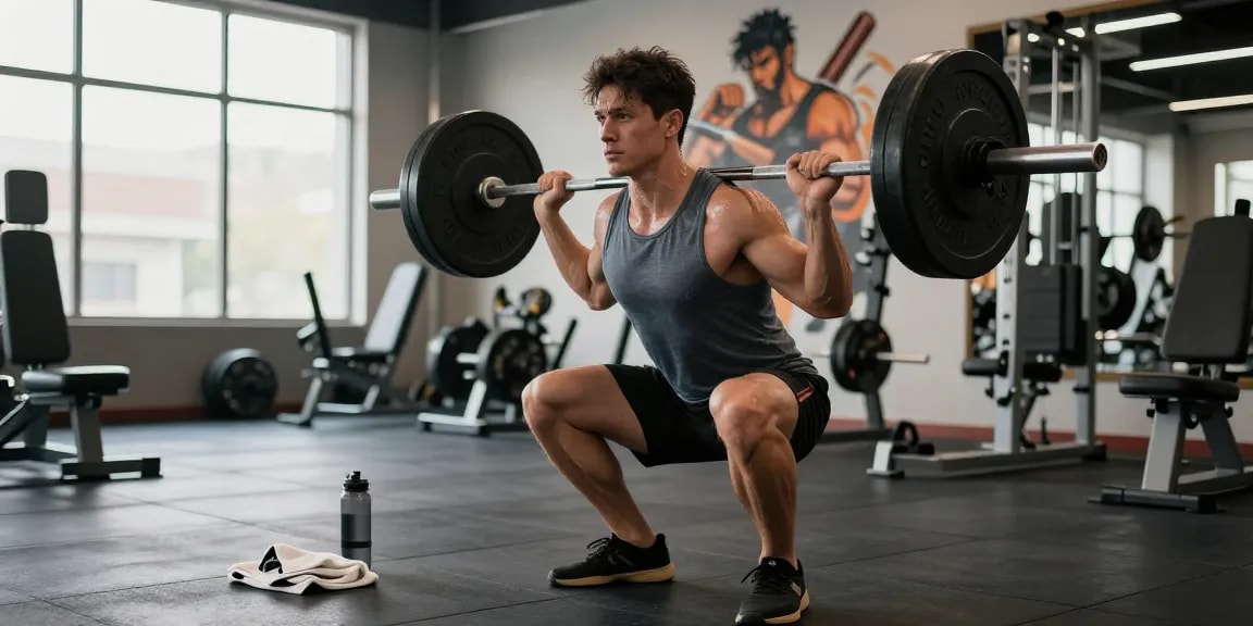 Prime Pharma Steroiden used by bodybuilder demonstrating strength during barbell squat in modern gym.