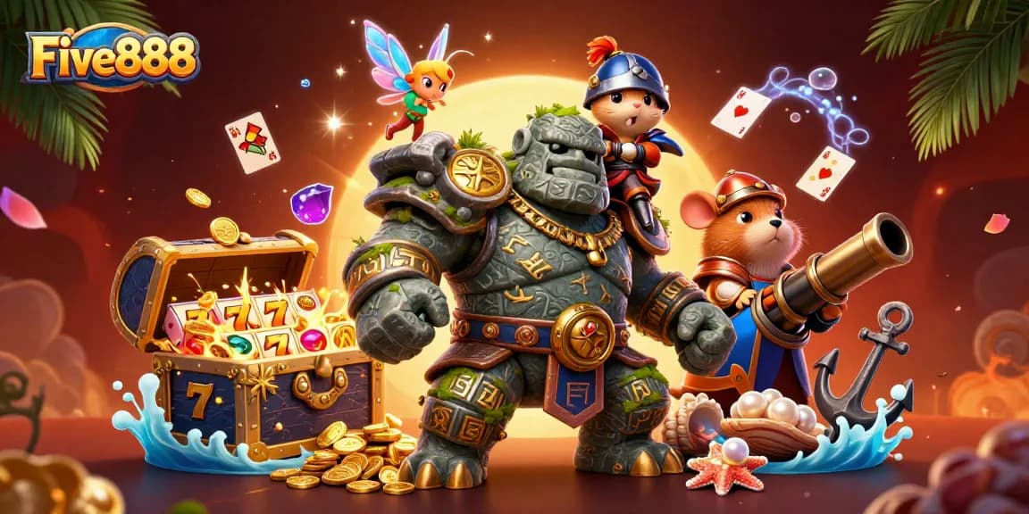 Engage with Five888's dynamic casino theme featuring a magical scene of gaming adventure.