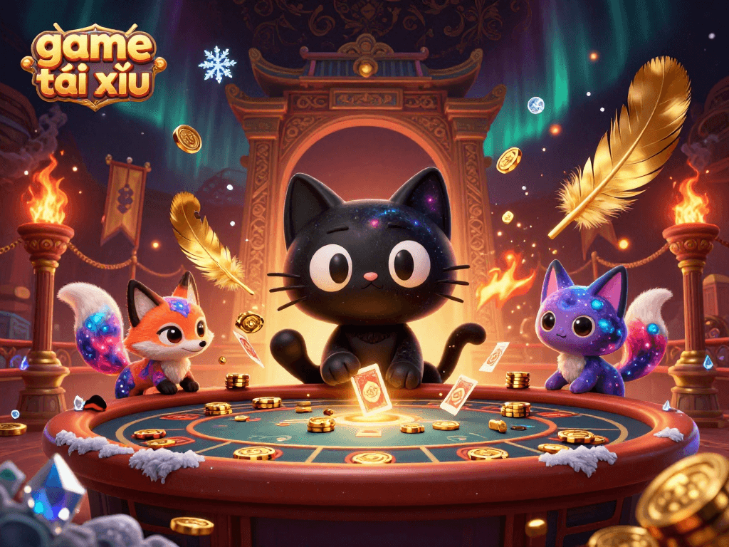 Engage in the game tài xỉu with a cosmic cat and colorful fox amidst a vibrant casino