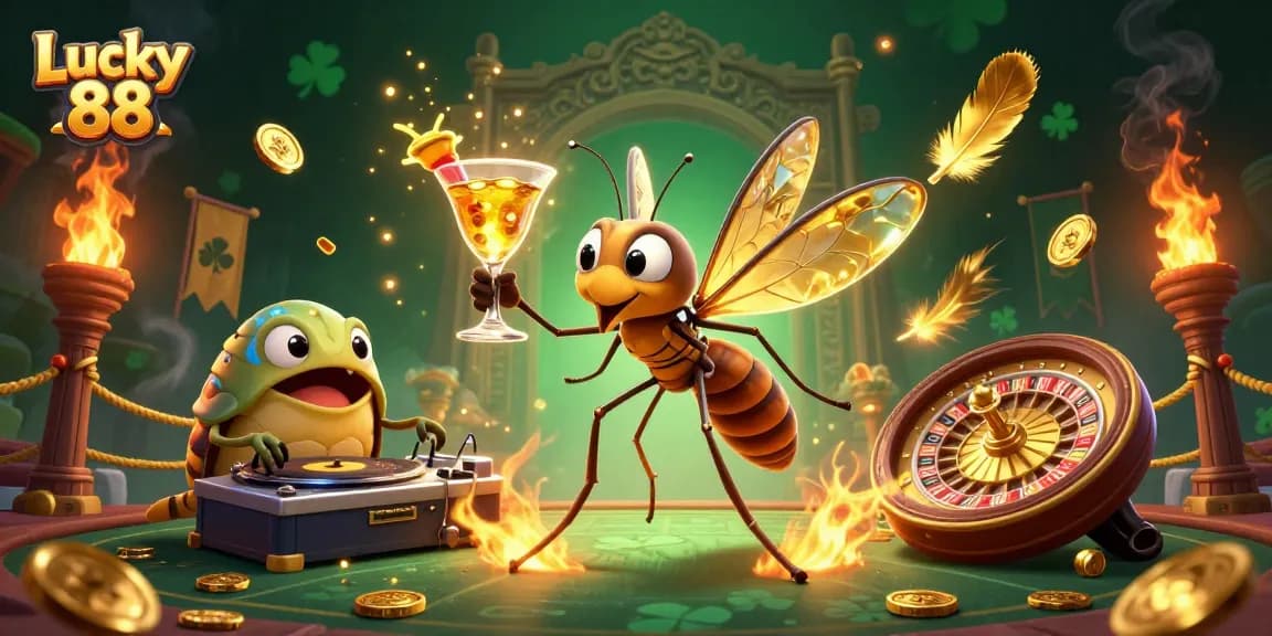 Experience Lucky 88 as a vibrant casino scene featuring a frozen-in-amber mosquito mascot with golden elements.
