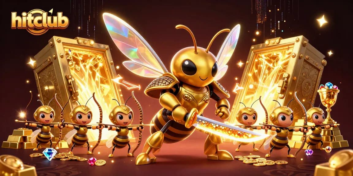 Hitclub showcases a vibrant 3D scene with a hornet samurai and treasure elements, emphasizing winning opportunities.