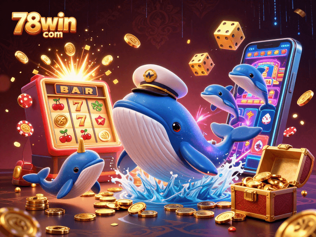 Play thrilling games at 78win com with an illustration of a casino celebration featuring a whale and fortune symbols.