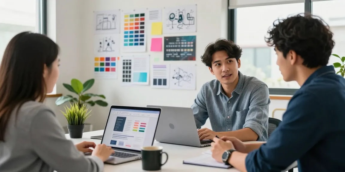 Website laten maken: Een webontwikkelaar die samenwerkt met een klant in een modern kantoor, en ontwerpen en analyses toont.