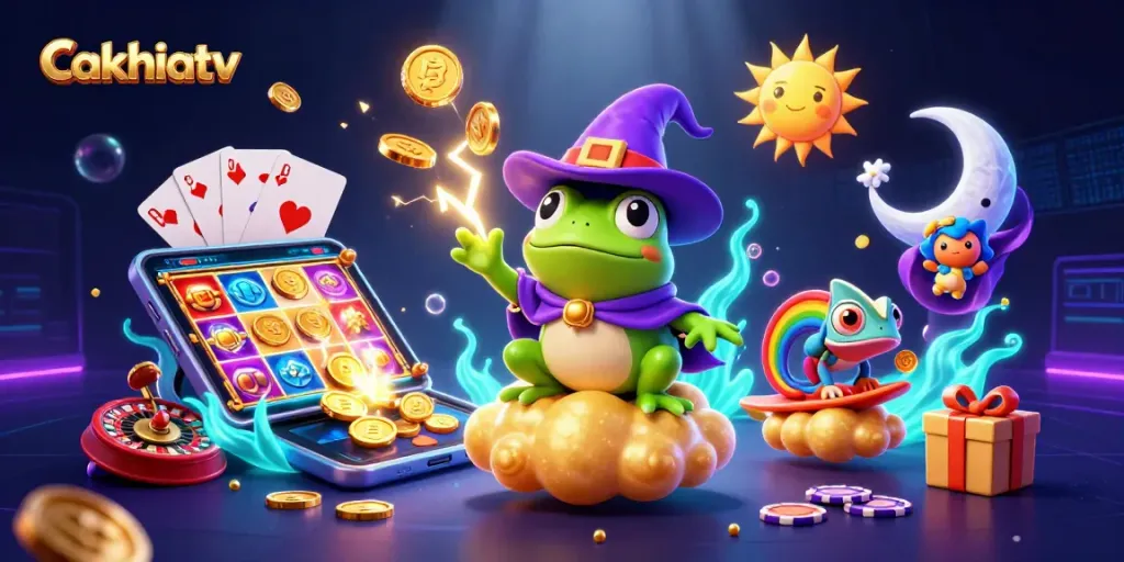 Cakhiatv launches excitement by spinning reels of slots amidst golden coins and dynamic gaming elements.